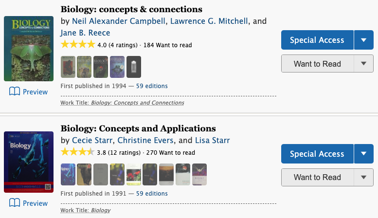 A screenshot of the Open Library search results page containing books with blue buttons, which read: “Special Access”