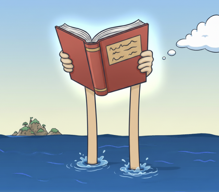 An AI generated image of someone holding a book above water